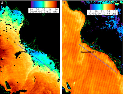 imagenes de temperatura antes y durante el evento de marea roja en Navachiste Sinaloa